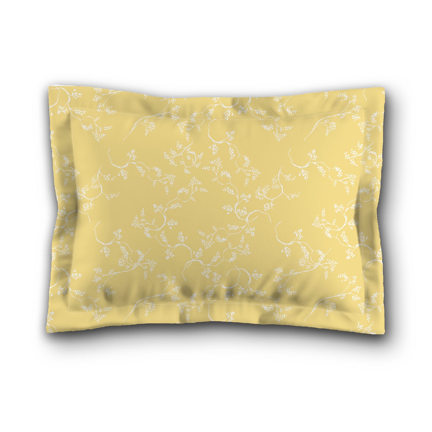 Yellow Microfiber Pillow Sham with Flange, White Hand-painted Vine Print, White Reverse Side, King (width x length) 22 x 38 inches / 56 x 97 cm