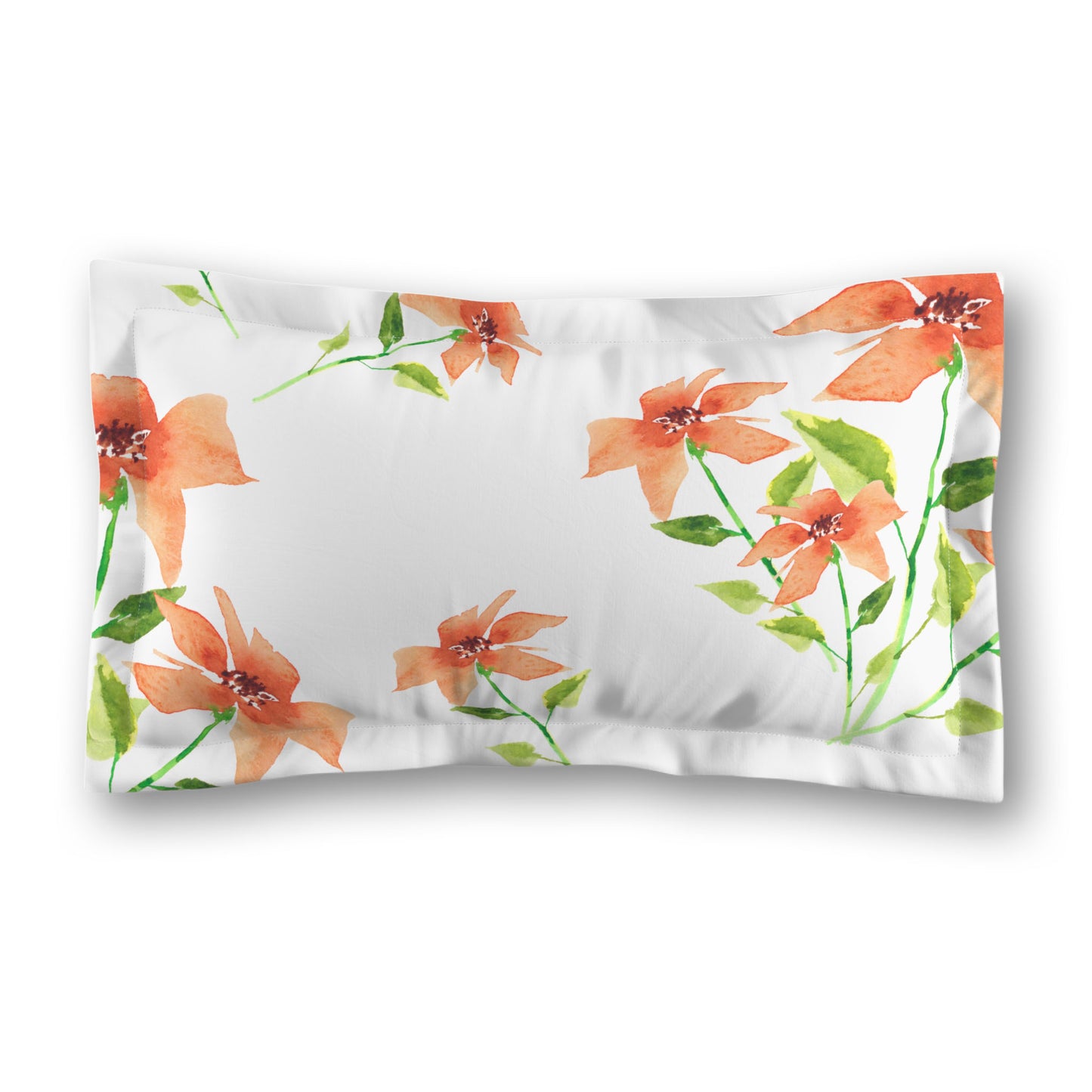 White Microfiber Pillow Sham with Flange, Large Pale Orange Floral Print | MFSF-1384