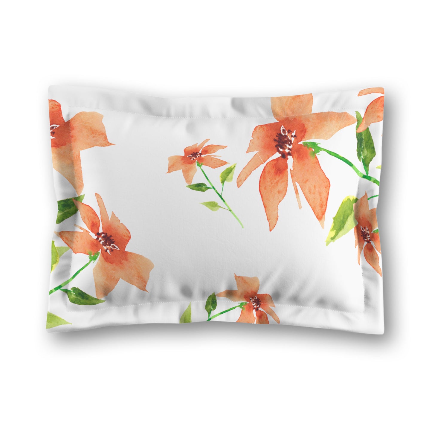 White Microfiber Pillow Sham with Flange, Large Pale Orange Floral Print | MFSF-1384