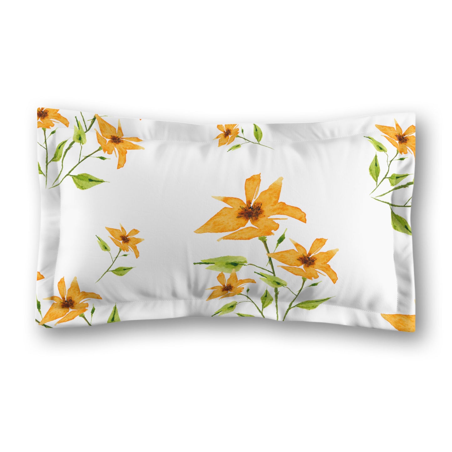 White Microfiber Pillow Sham with Flange, Large Yellow-Orange Floral Print | MFSF-1394