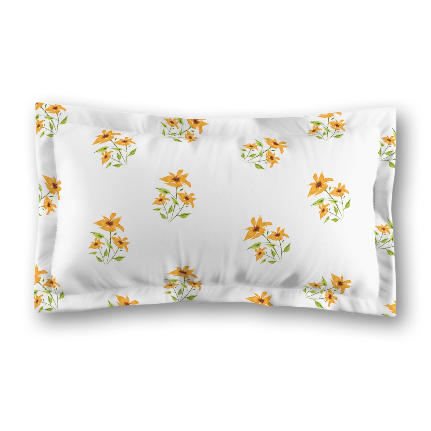 White Microfiber Pillow Sham with Flange, Medium Yellow-Orange Floral Pattern | MFSF-1395