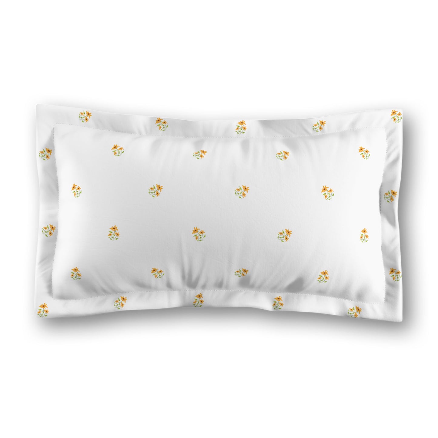 White Microfiber Pillow Sham with Flange, Small Yellow-Orange Floral Pattern | MFSF-1396