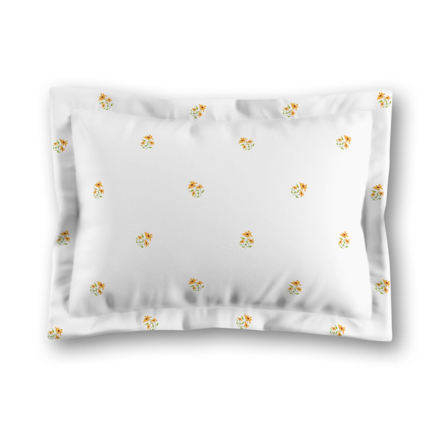 White Microfiber Pillow Sham with Flange, Small Yellow-Orange Floral Pattern | MFSF-1396