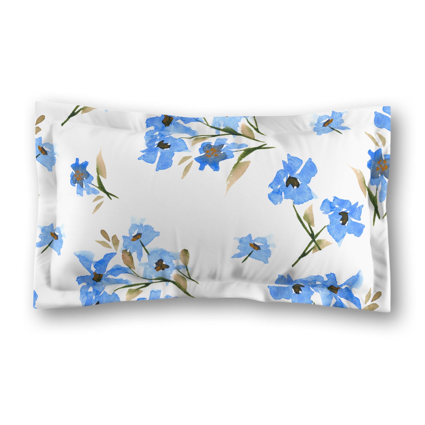 White Microfiber Pillow Sham with Flange, Large Blue Floral Print | MFSF-1404