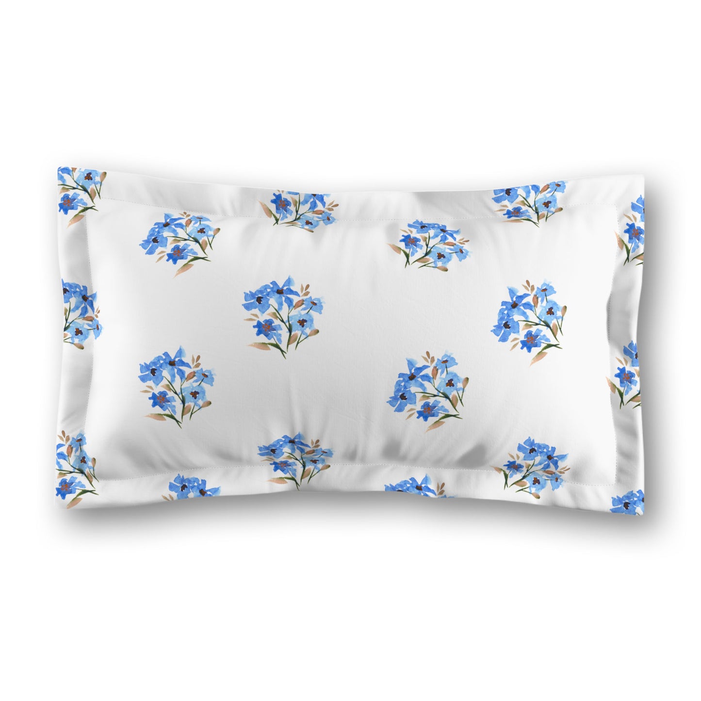 White Microfiber Pillow Sham with Flange, Medium Blue Floral Pattern | MFSF-1405