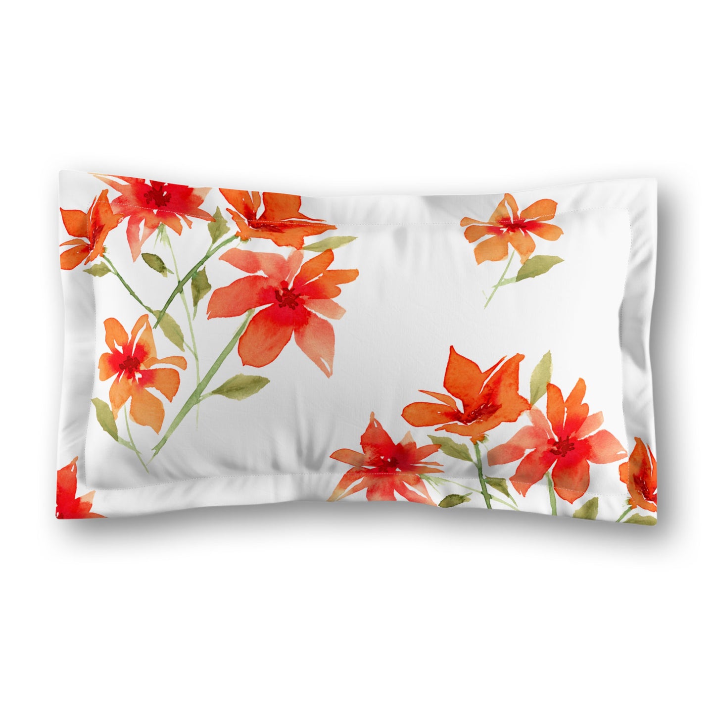 White Microfiber Pillow Sham with Flange, Large Red Floral Print | MFSF-1414