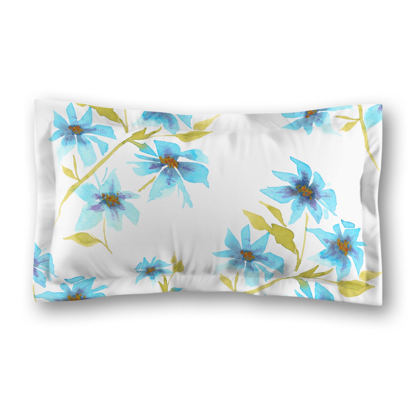 White Microfiber Pillow Sham with Flange, Large Blue Floral Print | MFSF-1434