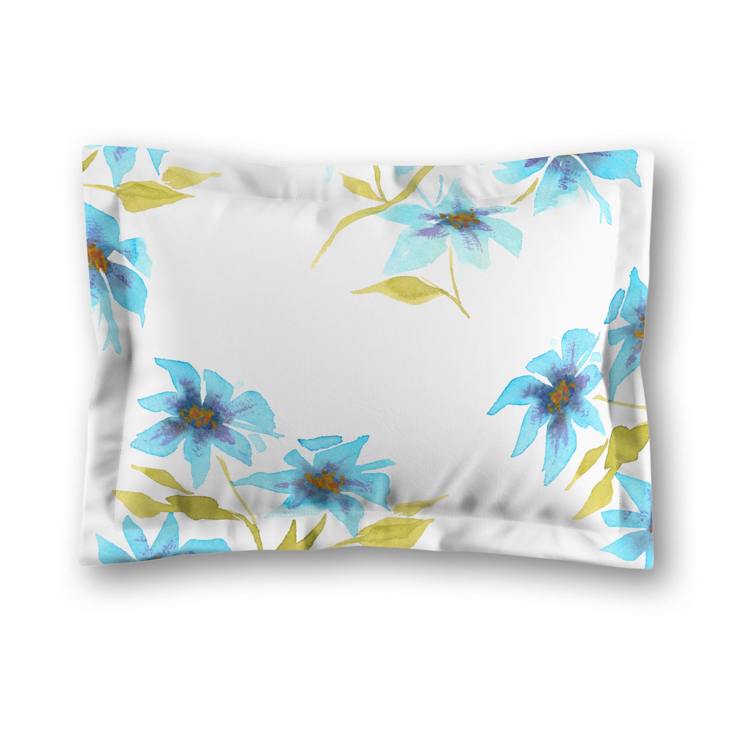 White Microfiber Pillow Sham with Flange, Large Blue Floral Print | MFSF-1434
