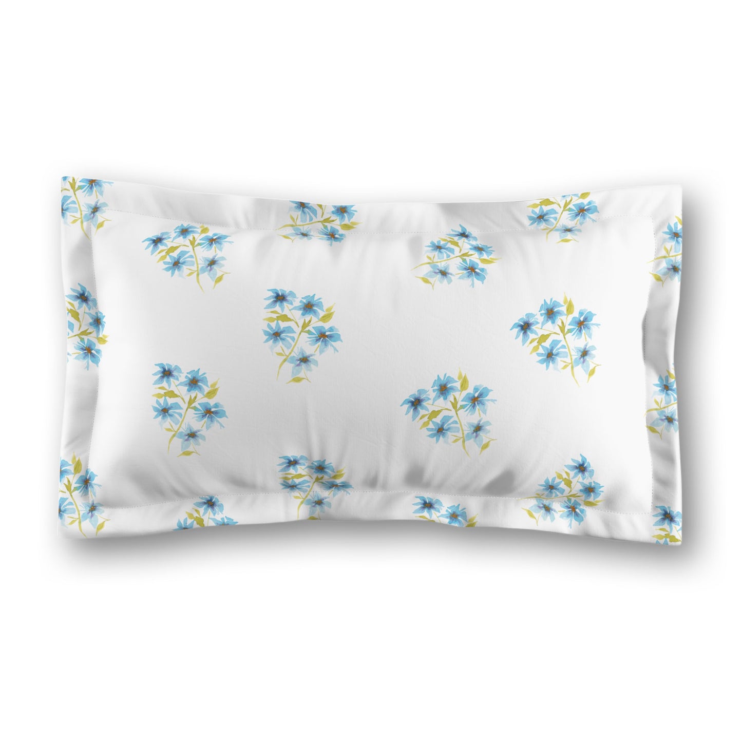 White Microfiber Pillow Sham with Flange, Medium Blue Floral Pattern | MFSF-1435