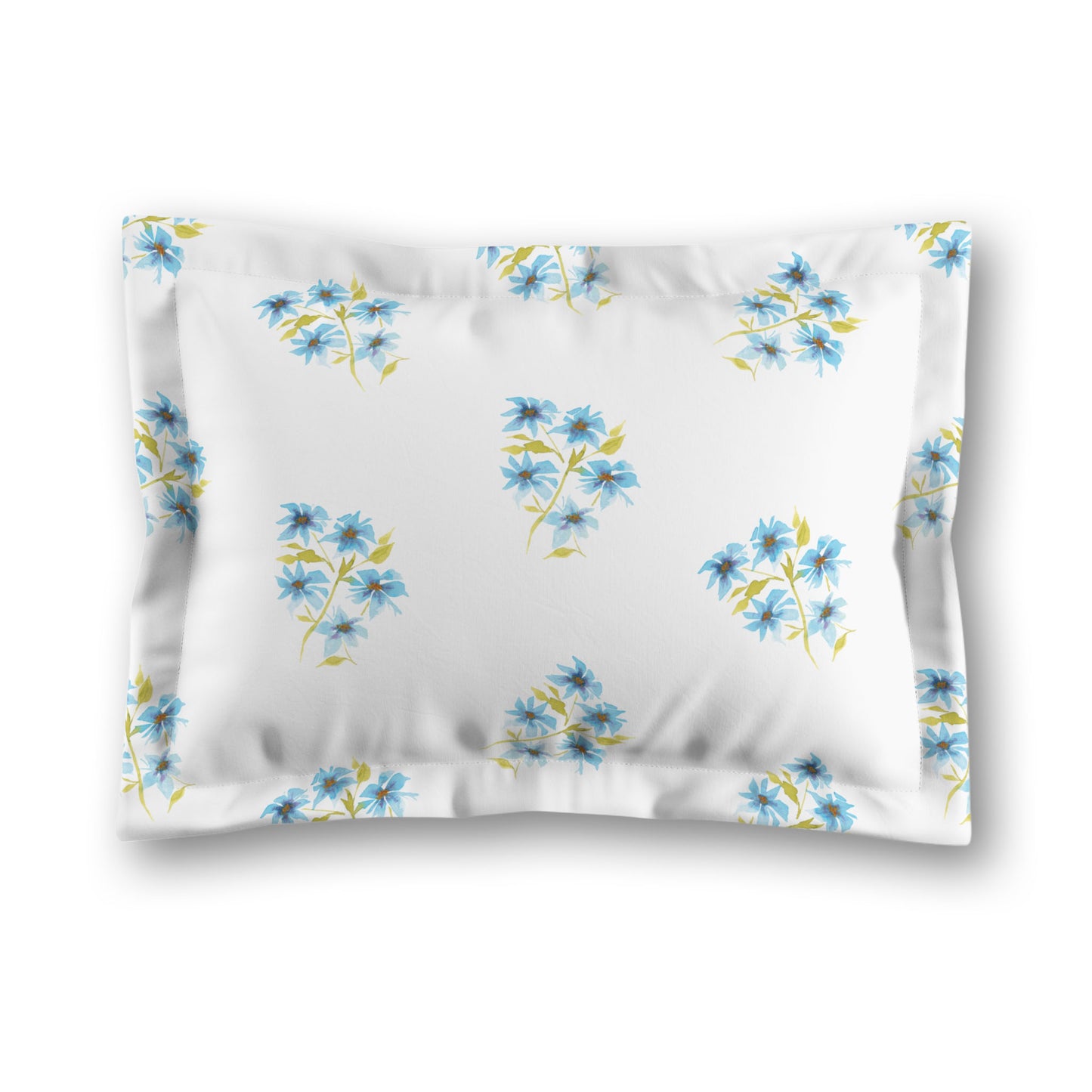 White Microfiber Pillow Sham with Flange, Medium Blue Floral Pattern | MFSF-1435