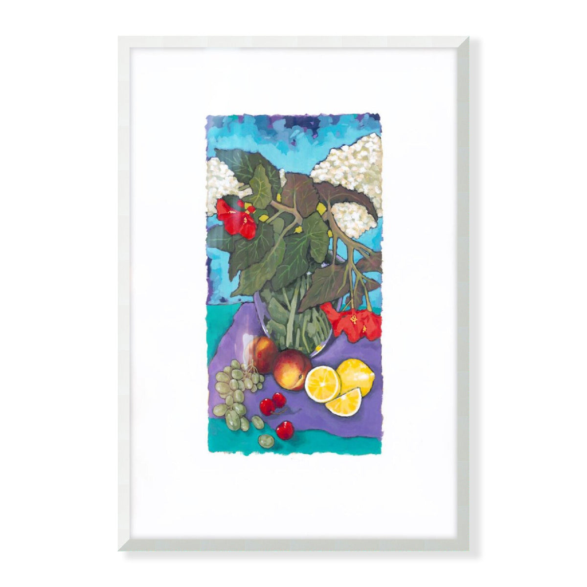 Fruit & Florals Framed Fine Art Print with Faux Deckled Edge | 24 x 36 inches | White Frame