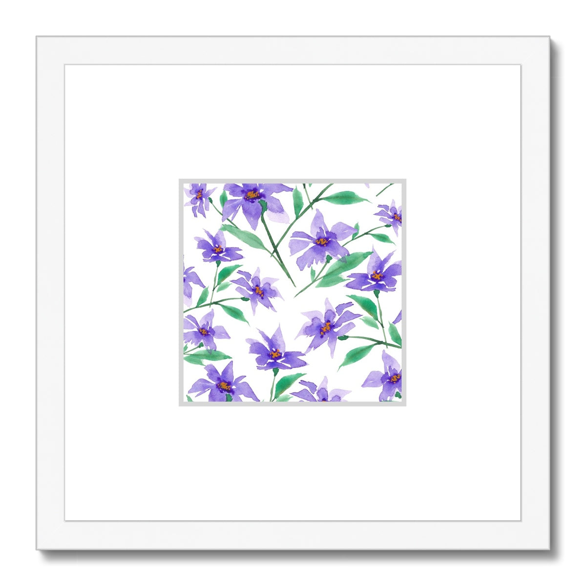 Framed Fine Art Print, Faux Mat - 12x12 inches | Purple Floral Watercolor, fms-1350-004