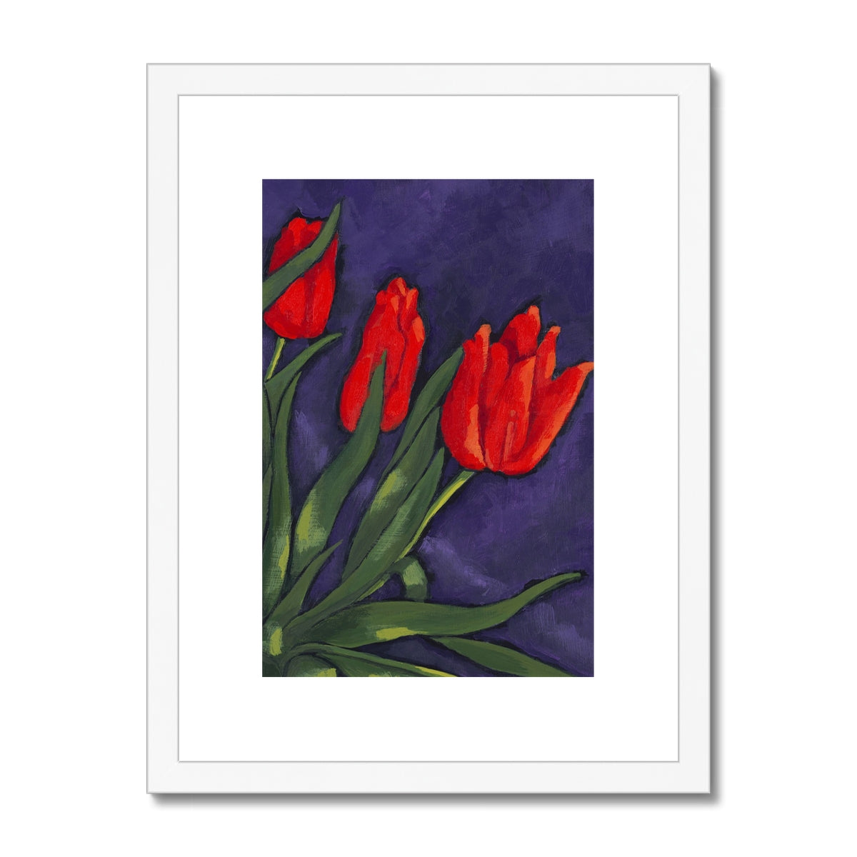 Framed Fine Art Print, White Mat - 8x12 12x16 12x18 inches | Red Tulips in Acrylic, FPV-1111-003