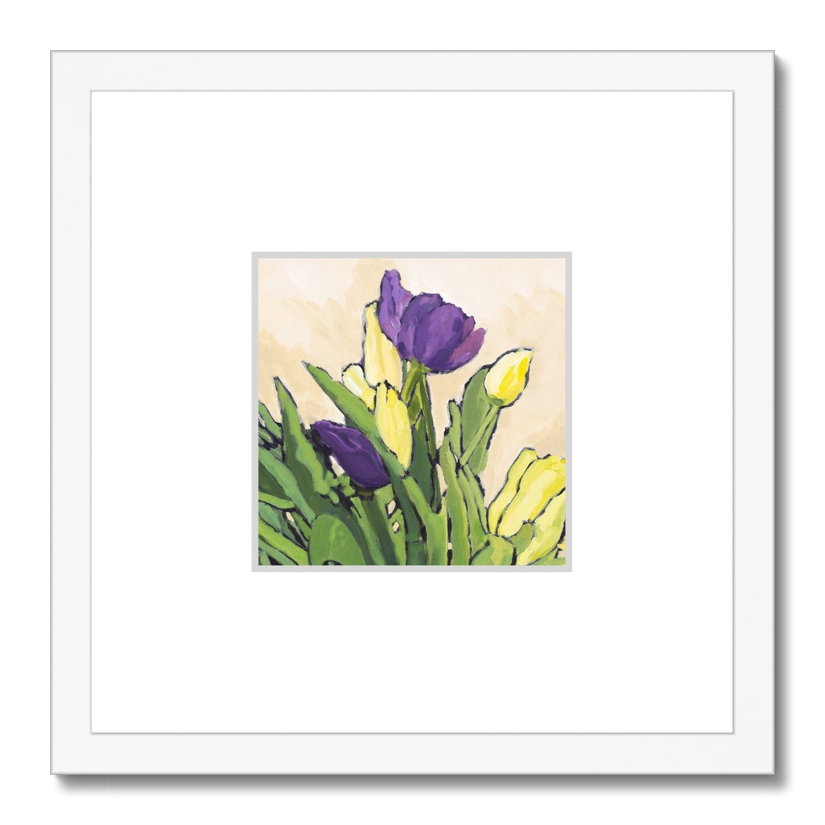 Framed Fine Art Print, Faux Mat - 12x12 inches | Purple & Yellow Tulips in Acrylic, FMS-1060-002