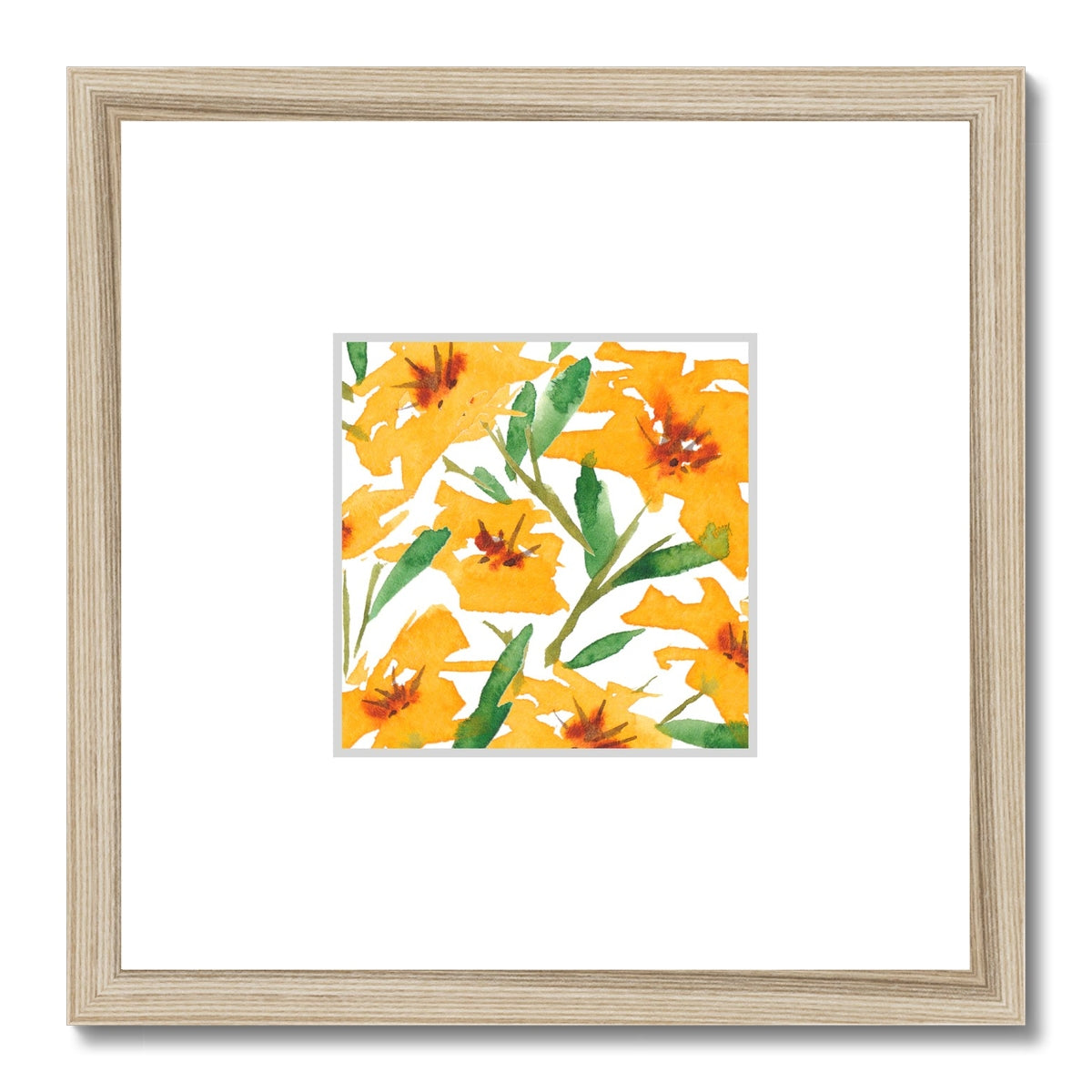 Framed Fine Art Print, Faux Mat - 12x12 inches | Yellow-Orange Floral Watercolor, fms-1310-002