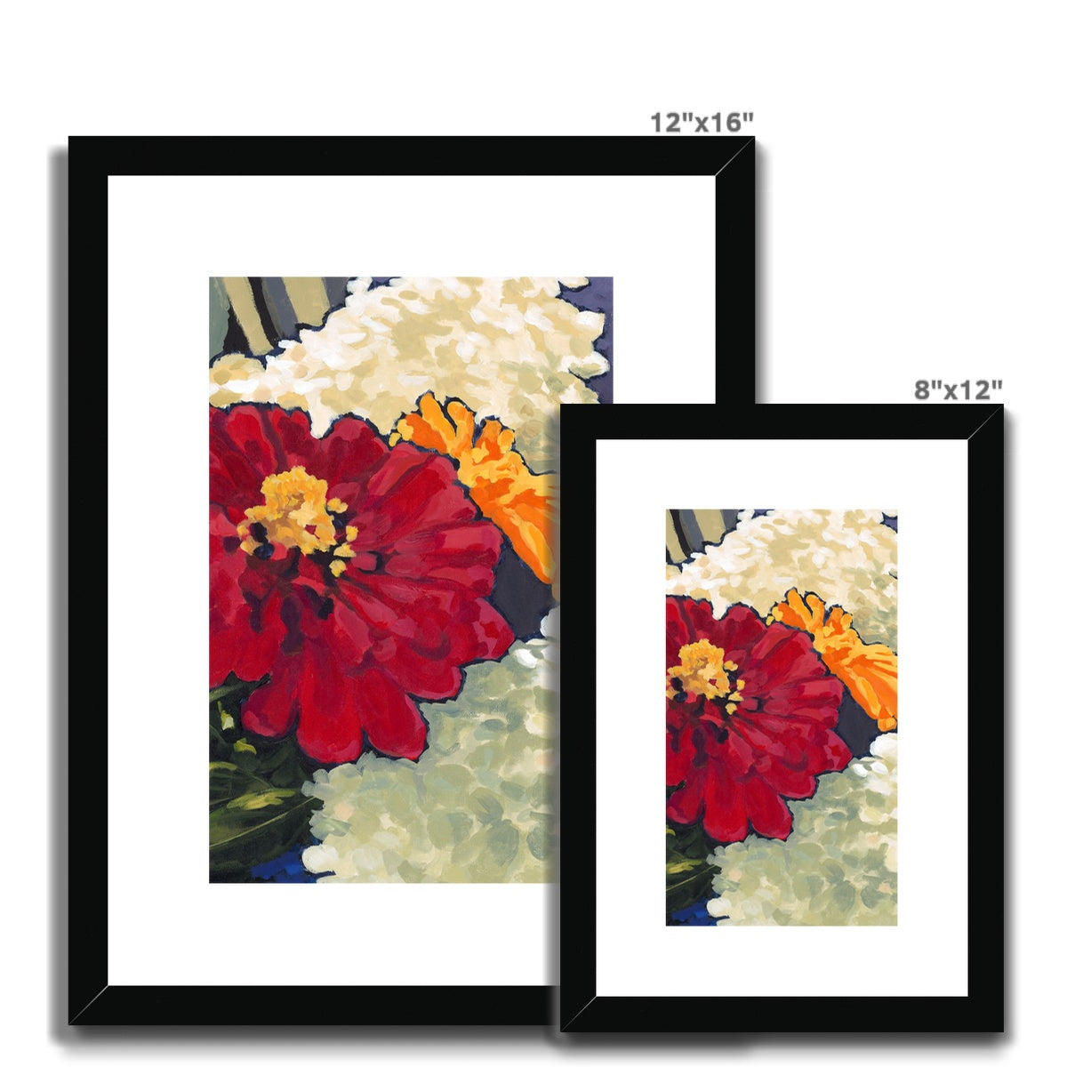 Framed Fine Art Print, White Mat - 6x8 8x12 12x16 12x18 inches | Hydrangeas & Zinnias in Acrylic, FPV-1030-002