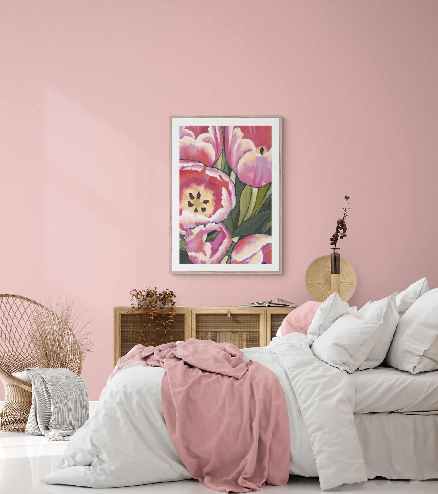 Framed Fine Art Print, White Mat - 8x12 12x18 20x28 24x36 28x40 inches | Pink Tulips in Acrylic, FPV-1080