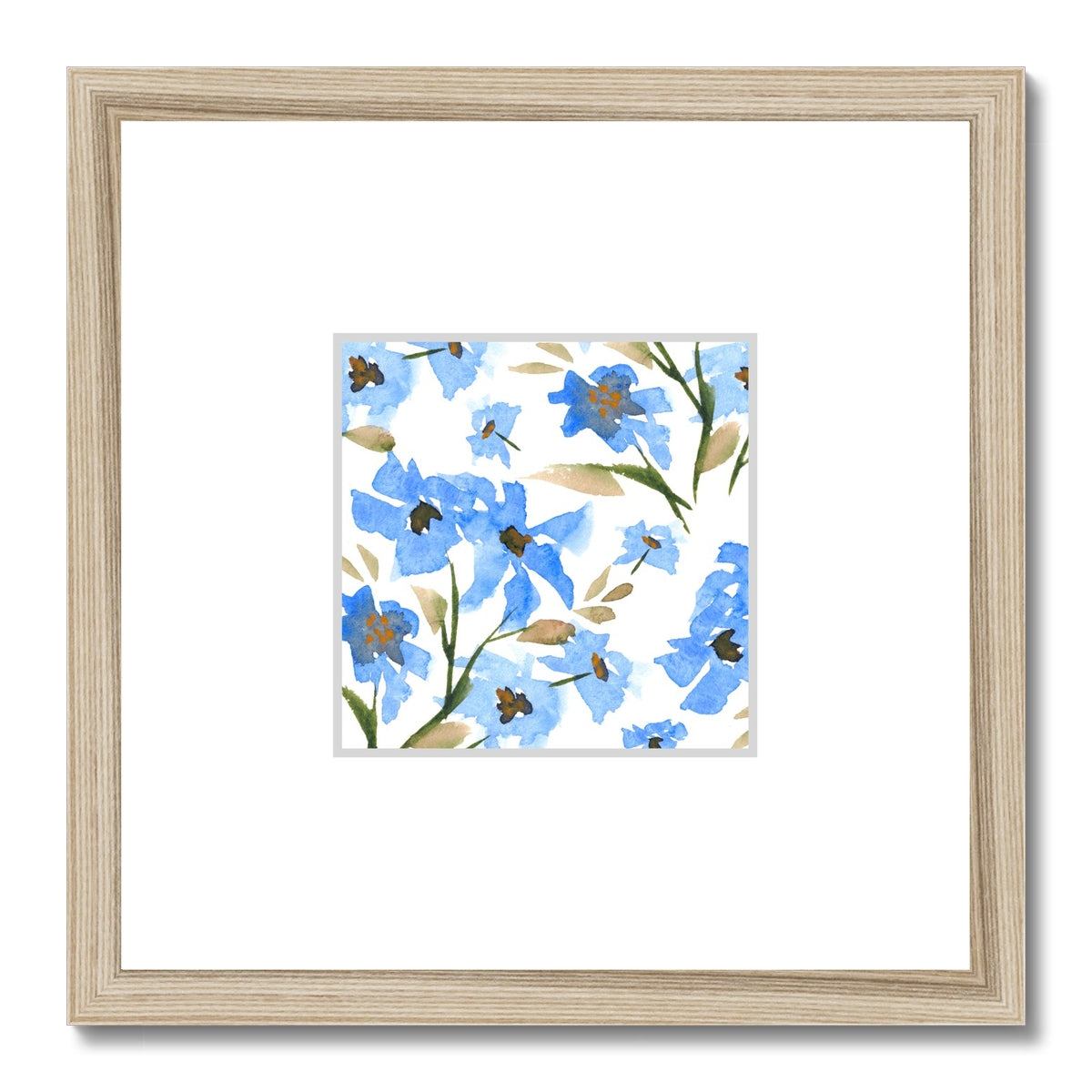 Framed Fine Art Print, Faux Mat - 12x12 inches | Blue Floral Watercolor, fms-1400-002