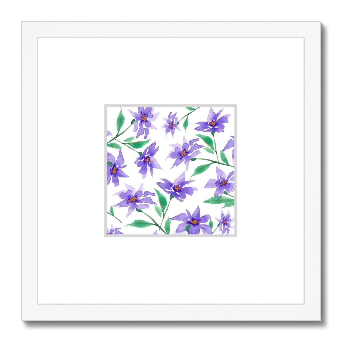 Framed Fine Art Print, Faux Mat - 12x12 inches | Purple Floral Watercolor, fms-1350-003