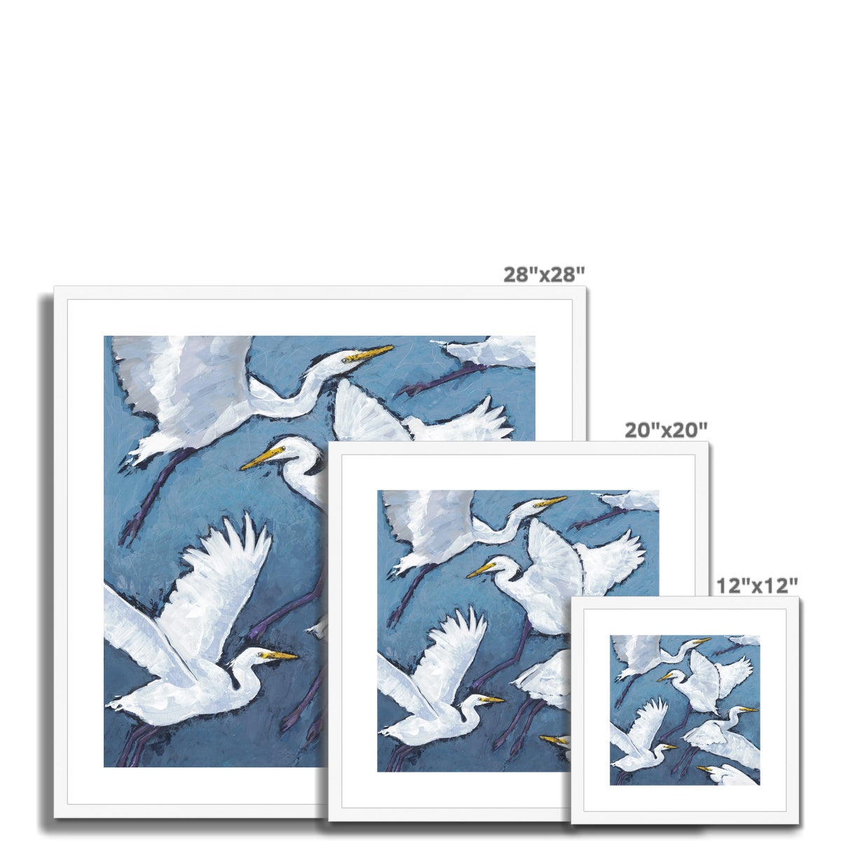 Framed Fine Art Print, White Mat - 8x8 12x12 16x16 20x20 24x24 28x28 36x36 inches | White Herons in Acrylic, FPS-1020-001