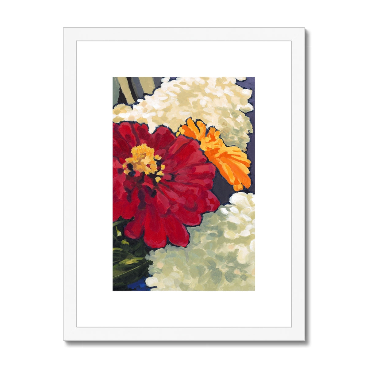 Framed Fine Art Print, White Mat - 6x8 8x12 12x16 12x18 inches | Hydrangeas & Zinnias in Acrylic, FPV-1030-002