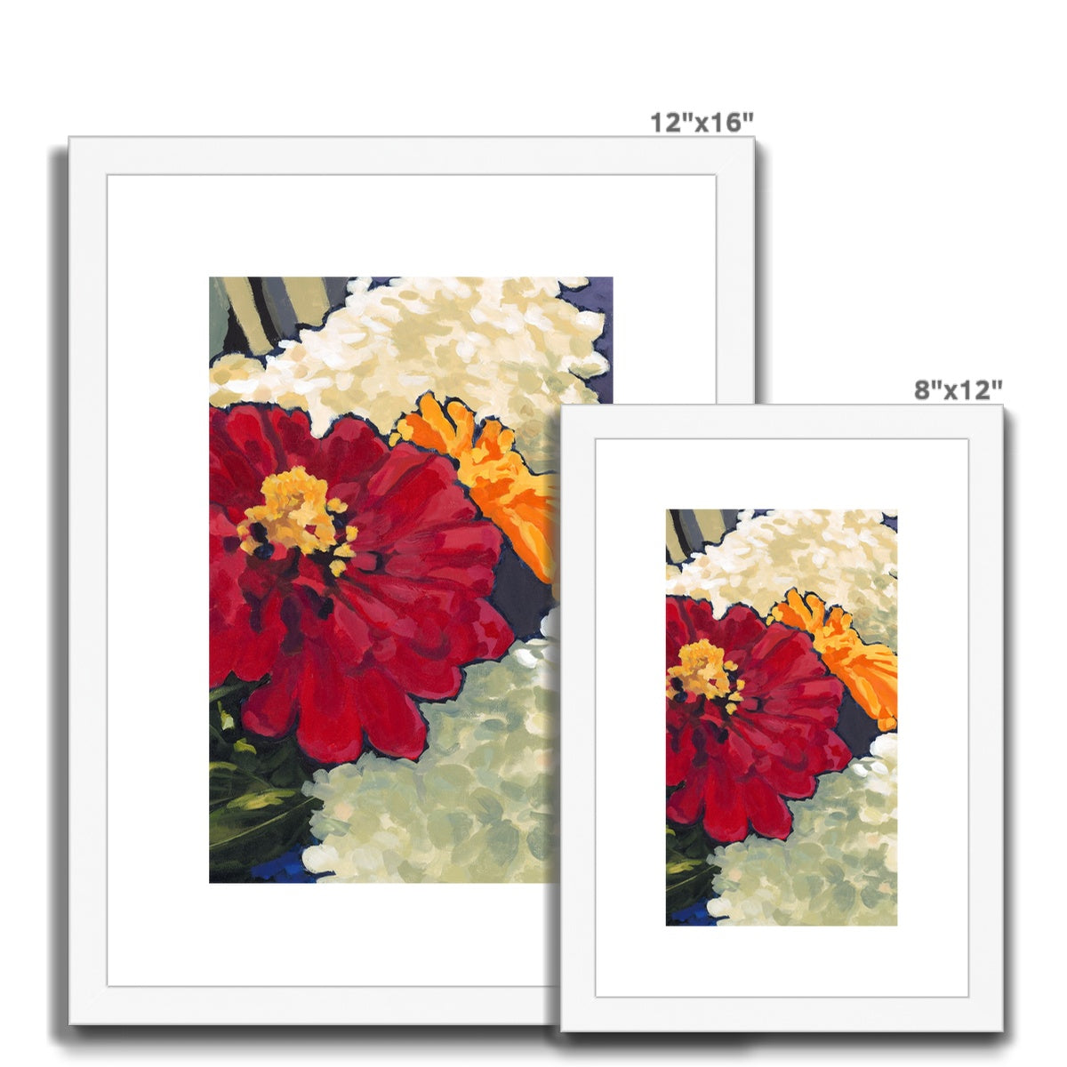 Framed Fine Art Print, White Mat - 6x8 8x12 12x16 12x18 inches | Hydrangeas & Zinnias in Acrylic, FPV-1030-002