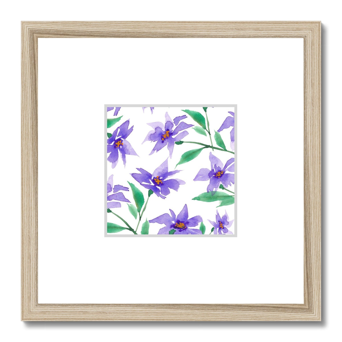 Framed Fine Art Print, Faux Mat - 12x12 inches | Purple Floral Watercolor, fms-1350-001