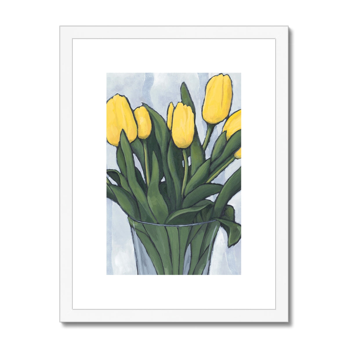Framed Fine Art Print, White Mat - 8x12 12x16 12x18 inches | Yellow Tulips in Acrylic, FPV-1120-003