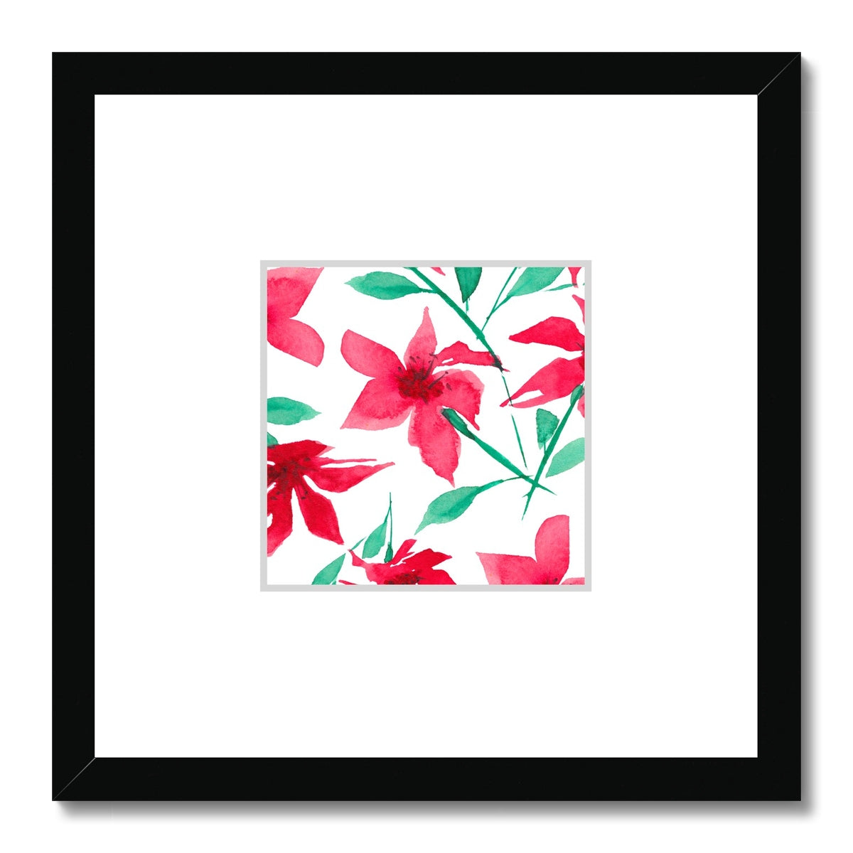 Framed Fine Art Print, Faux Mat - 12x12 inches | Red Floral Watercolor, fms-1330-001