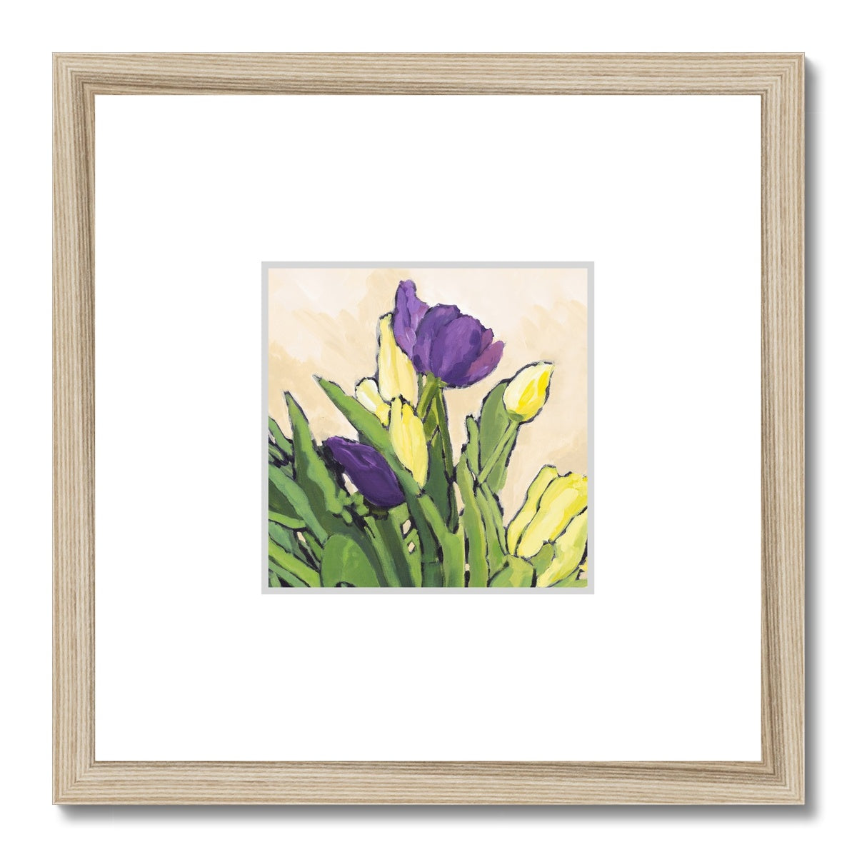Framed Fine Art Print, Faux Mat - 12x12 inches | Purple & Yellow Tulips in Acrylic, FMS-1060-002