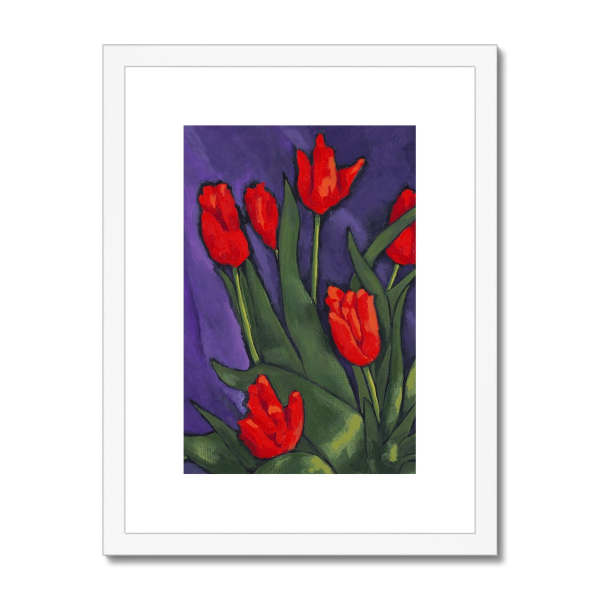 Framed Fine Art Print, White Mat - 8x12 12x16 12x18 inches | Red Tulips in Acrylic, FPV-1111-002