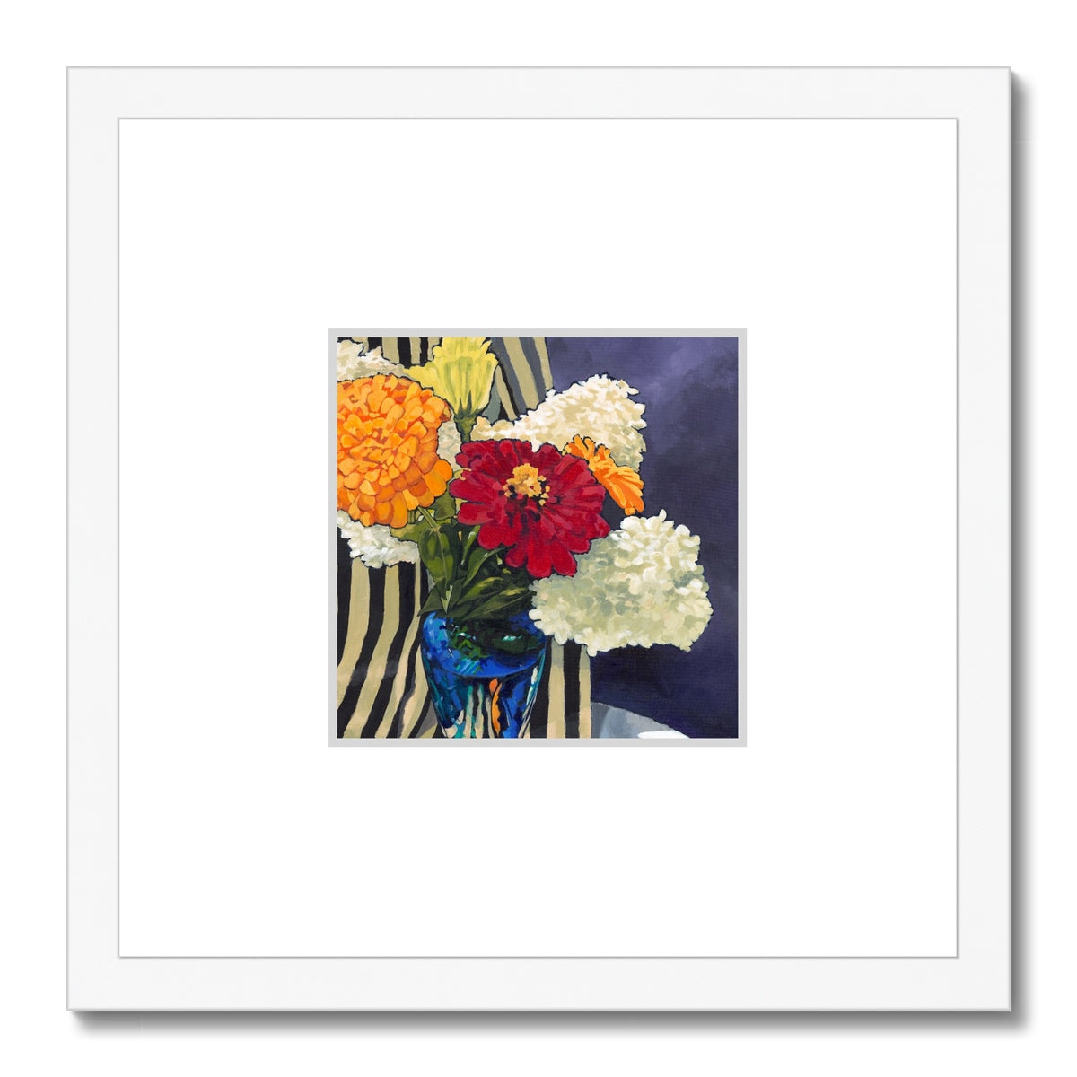 Framed Fine Art Print, Faux Mat - 12x12 inches | Hydrangeas & Zinnias in Acrylic, FMS-1030