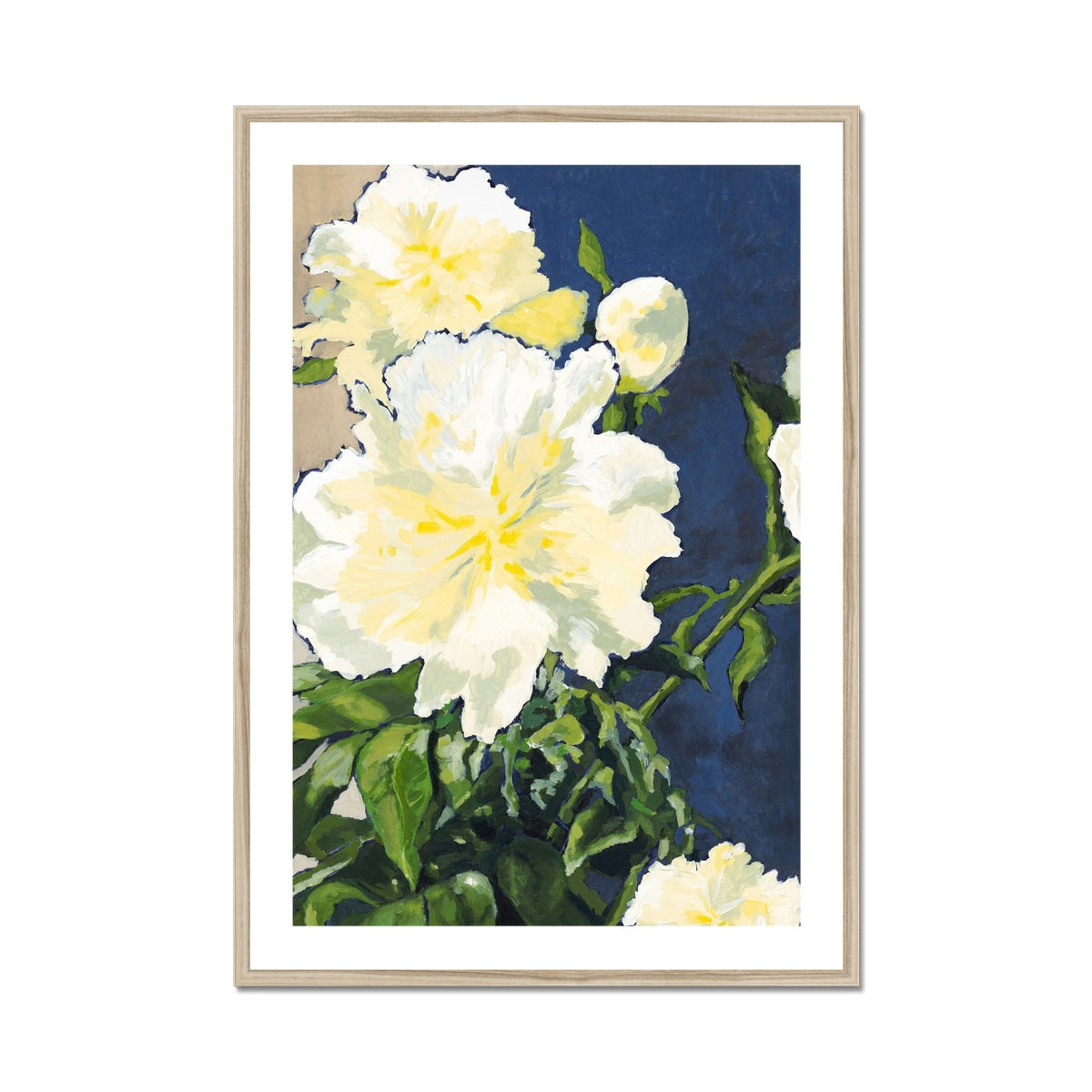 Framed Fine Art Print, White Mat - 6x8 8x12 12x16 12x18 20x28 24x36 28x40 inches | White Peonies in Acrylic, FPV-1050