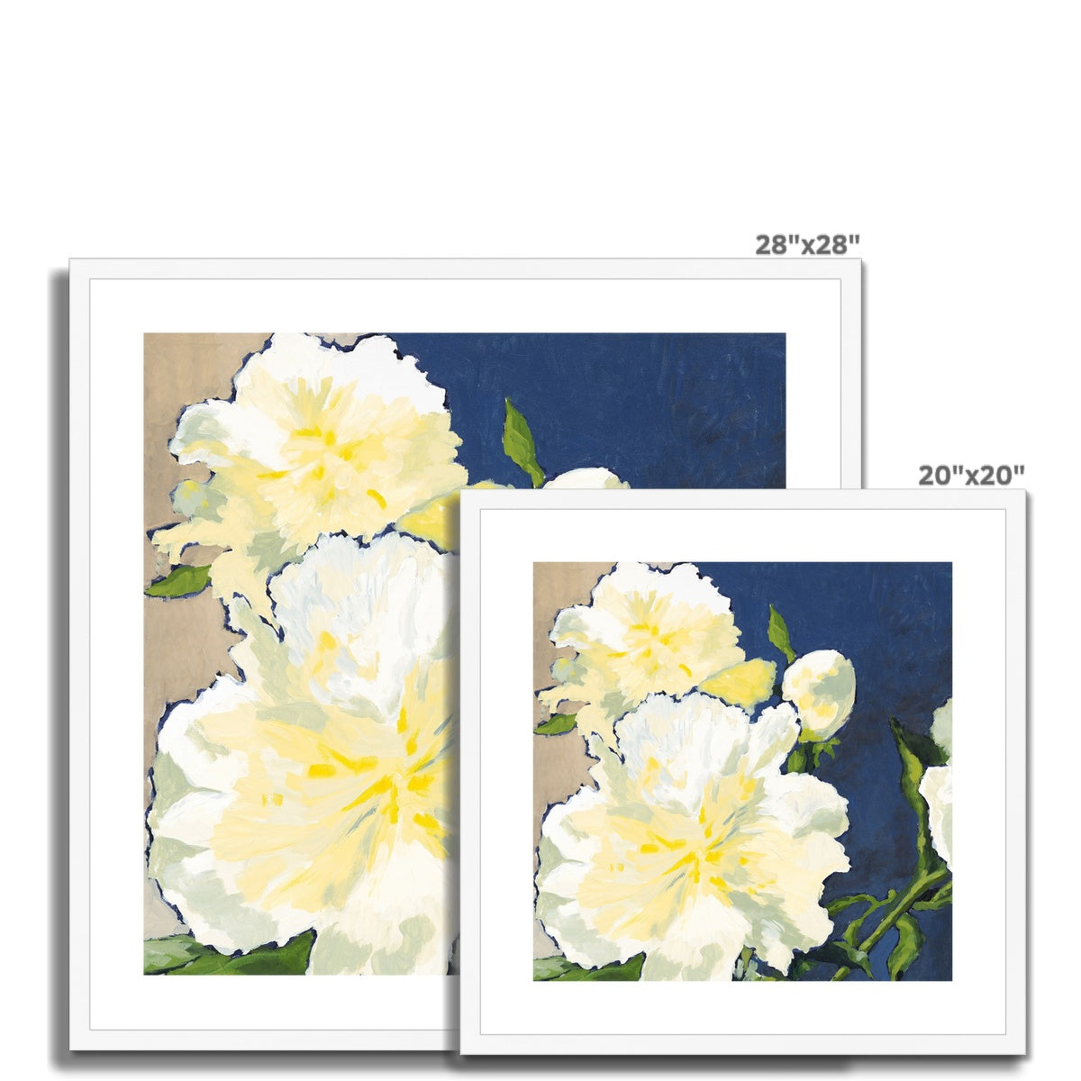 Framed Fine Art Print, White Mat - 8x8 12x12 16x16 20x20 24x24 28x28 inches | White Peonies in Acrylic, FPS-1050