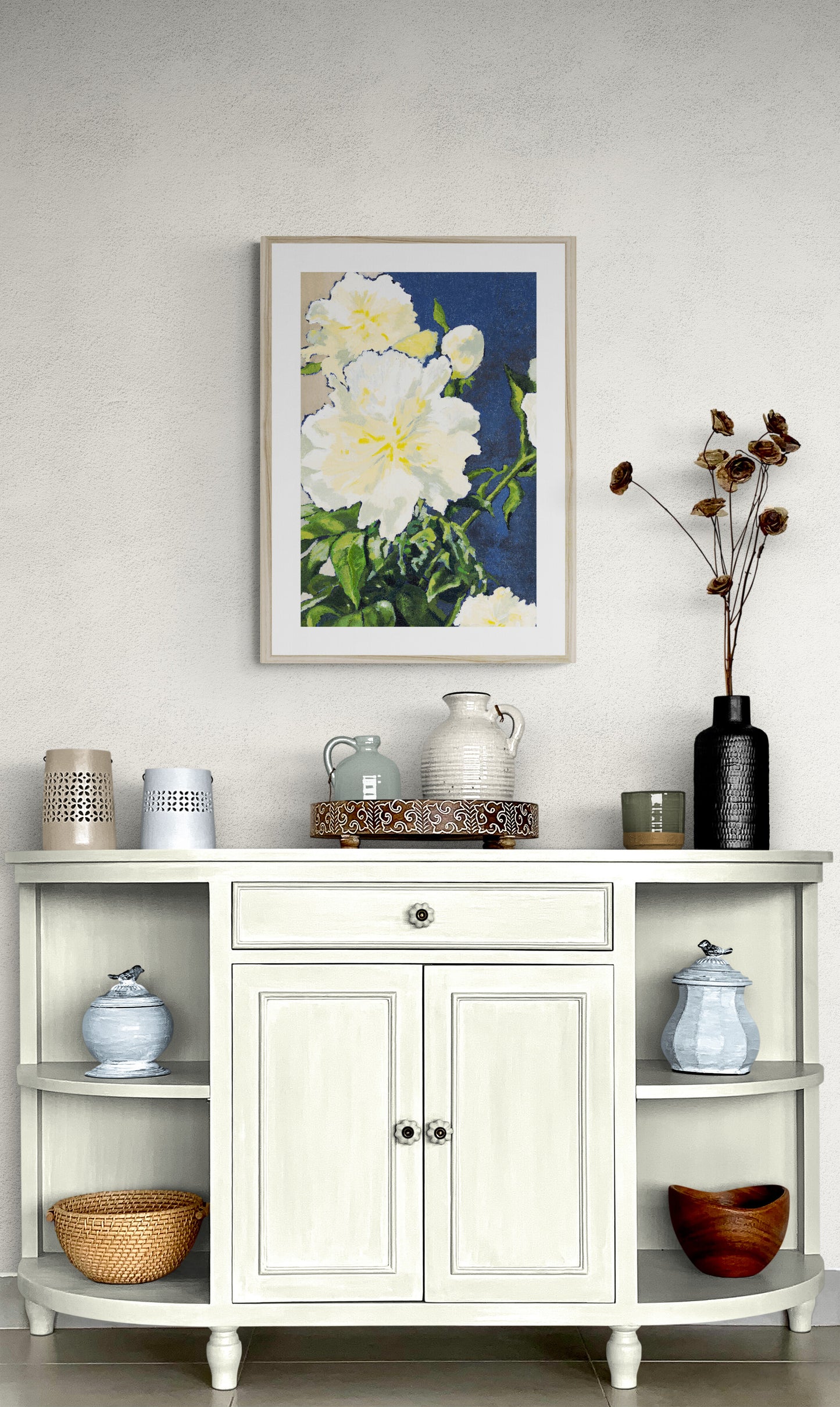 Framed Fine Art Print, White Mat - 6x8 8x12 12x16 12x18 20x28 24x36 28x40 inches | White Peonies in Acrylic, FPV-1050