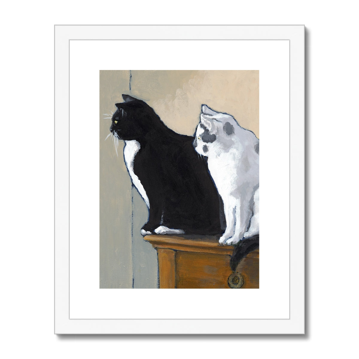 Framed & Mounted Fine Art Print, White Mat - 11x14 inches | Black Cat White Cat in Acrylic, FPV-1000-1122