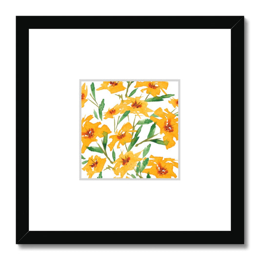 Framed Fine Art Print, Faux Mat - 12x12 inches | Yellow-Orange Floral Watercolor, fms-1310-001