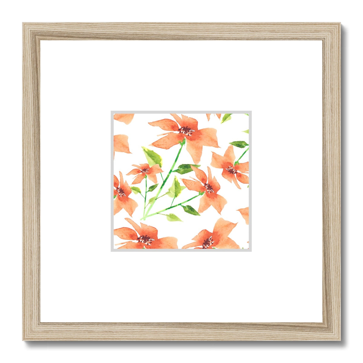 Framed Fine Art Print, Faux Mat - 12x12 inches | Pale Orange Floral Watercolor, fms-1380-001
