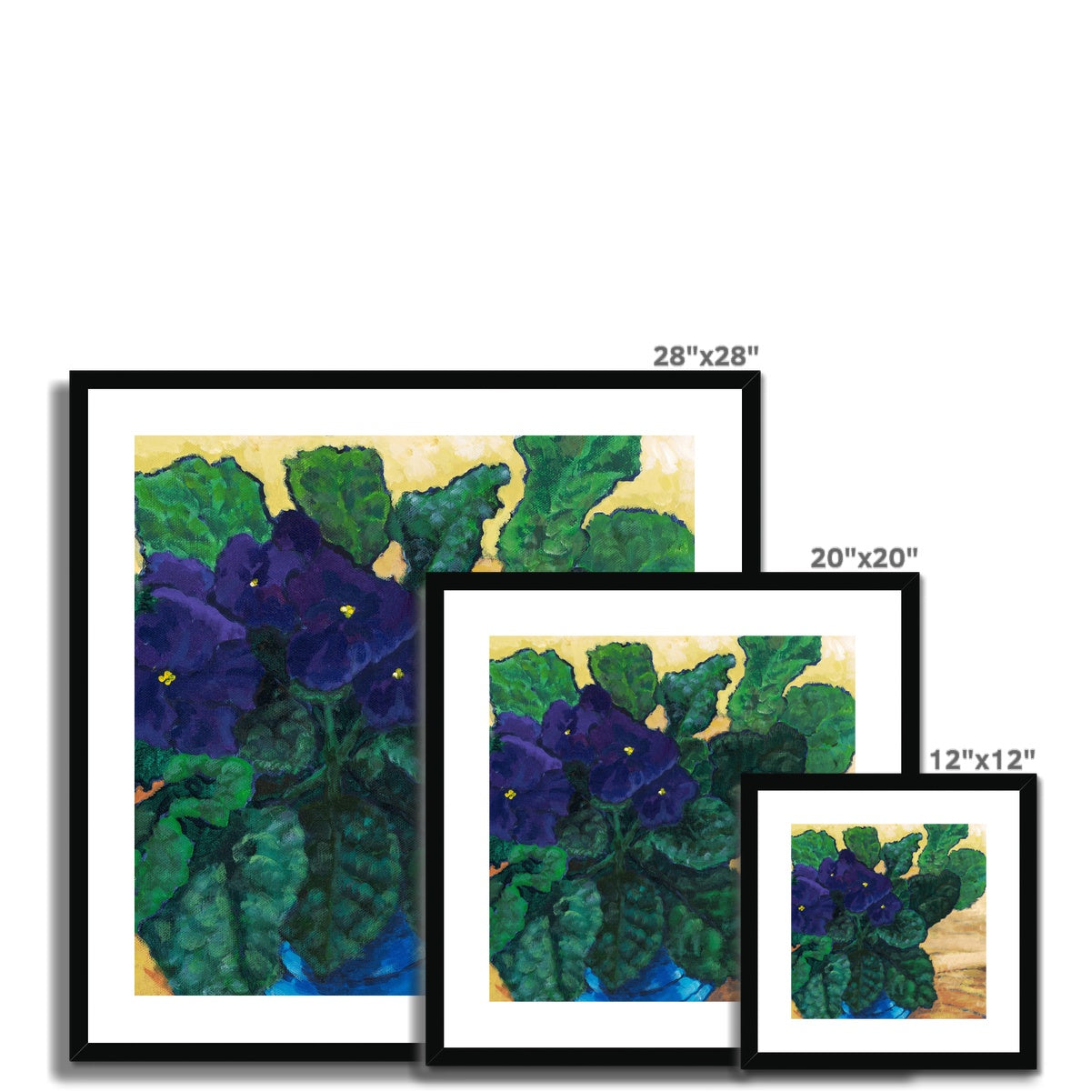Framed Fine Art Print, White Mat - 8x8 12x12 16x16 20x20 24x24 28x28 36x36 inches | African Violets in Acrylic, FPS-1090