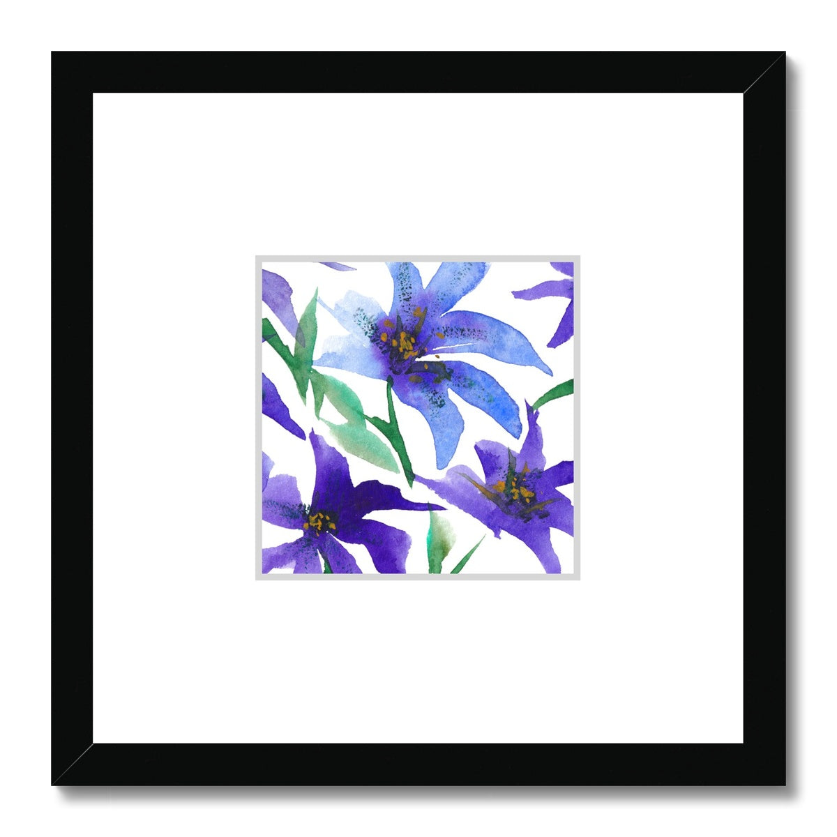Framed Fine Art Print, Faux Mat - 12x12 inches | Purple Floral Watercolor, fms-1300-001