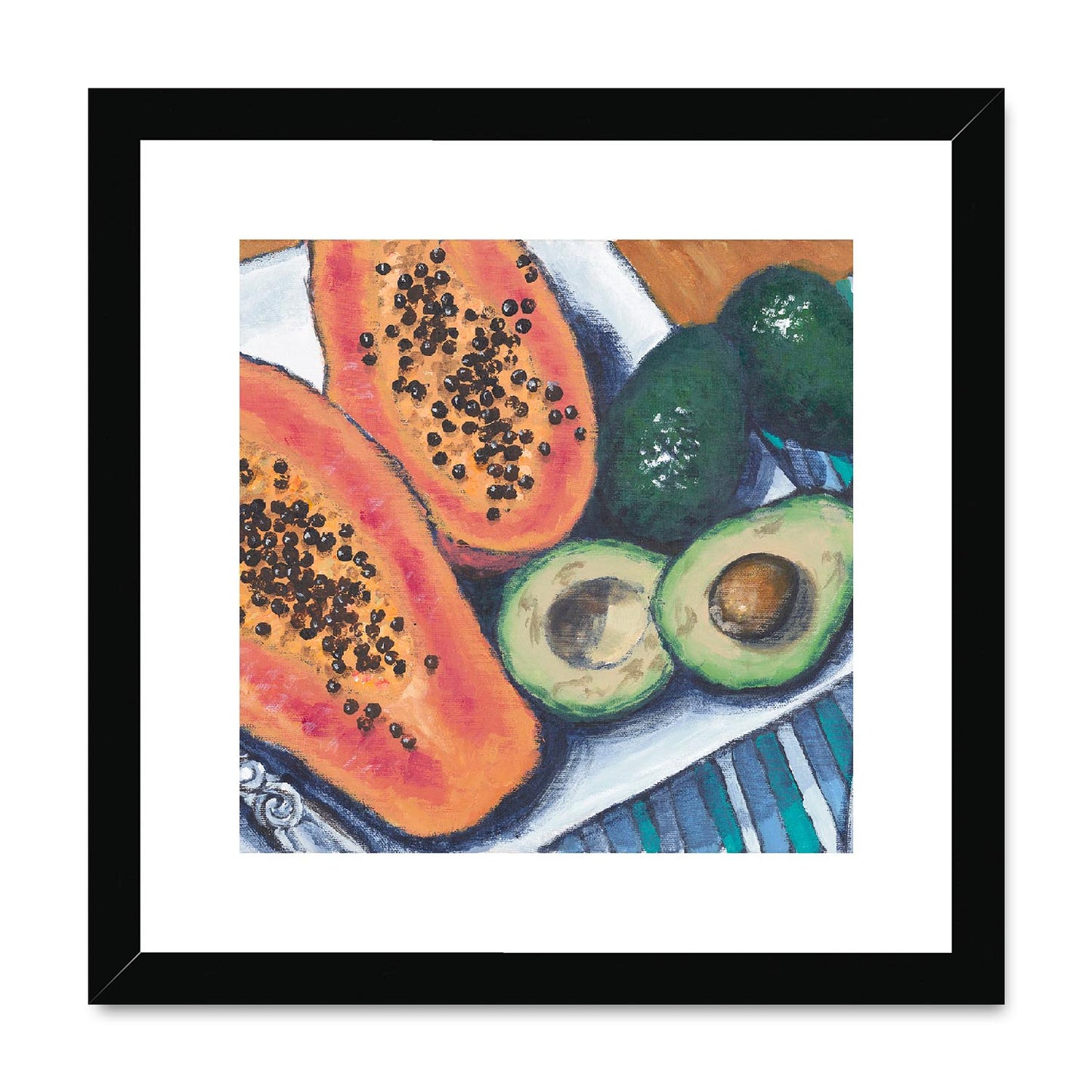Framed Fine Art Print, White Mat,Papaya & Avocados in Acrylic, FPS-1000-1105, 12"x12", Black Frame