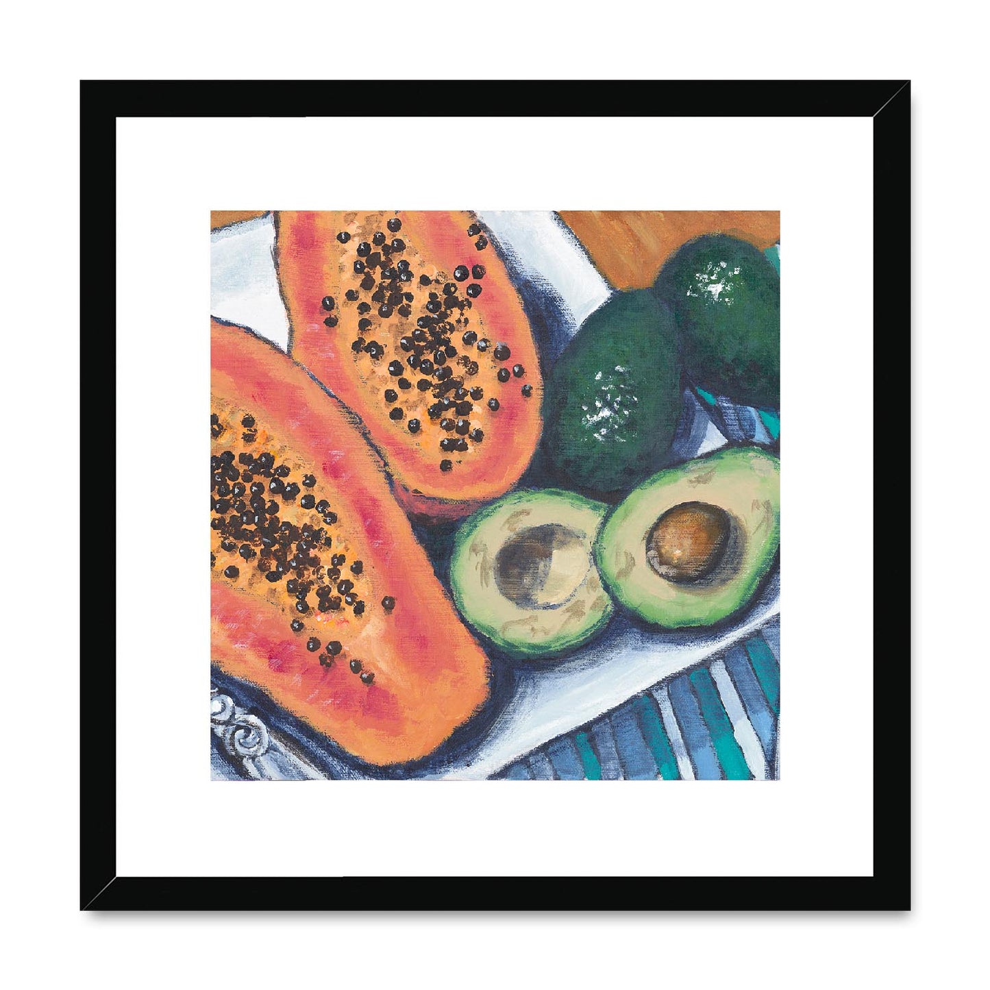 Framed Fine Art Print, White Mat,Papaya & Avocados in Acrylic, FPS-1000-1105, 16"x16", Black Frame