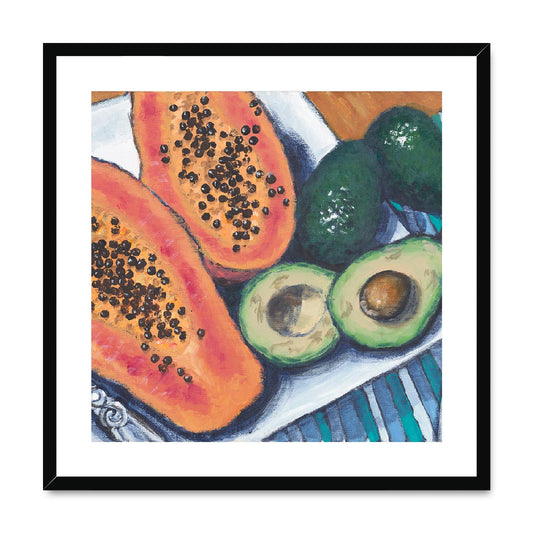 Framed Fine Art Print, White Mat,Papaya & Avocados in Acrylic, FPS-1000-1105, 24"x24", Black Frame