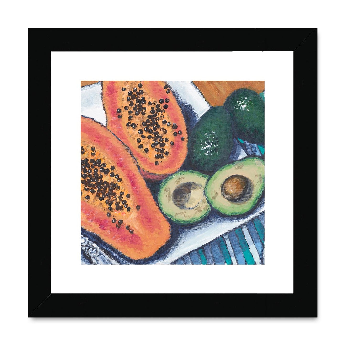 Framed Fine Art Print, White Mat,Papaya & Avocados in Acrylic, FPS-1000-1105, 8"x8", Black Frame