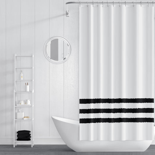 White Shower Curtain with Black Hand-painted Stripe Print | SC-1010-012