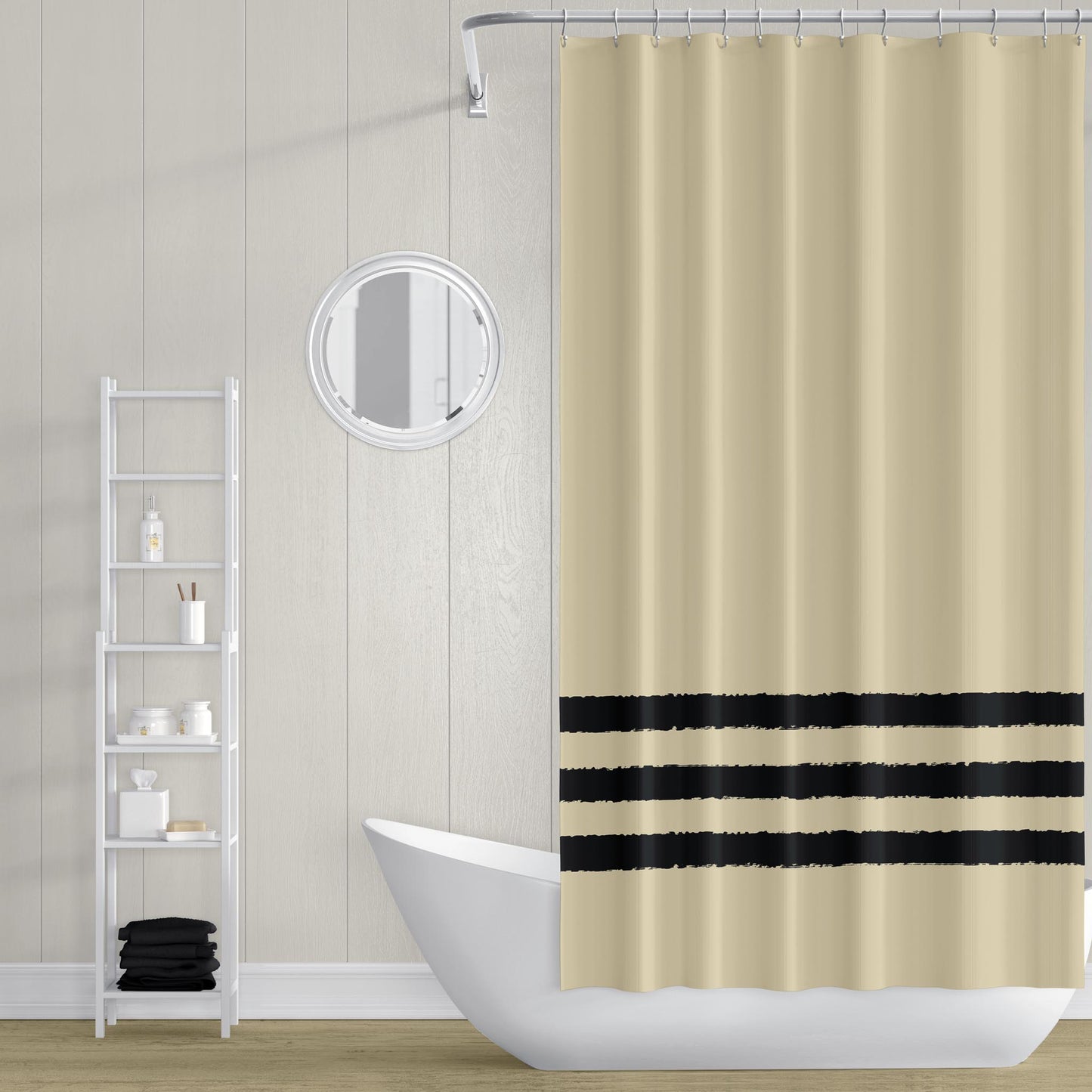 Tan Shower Curtain with Black Hand-painted Stripe Print | SC-1014