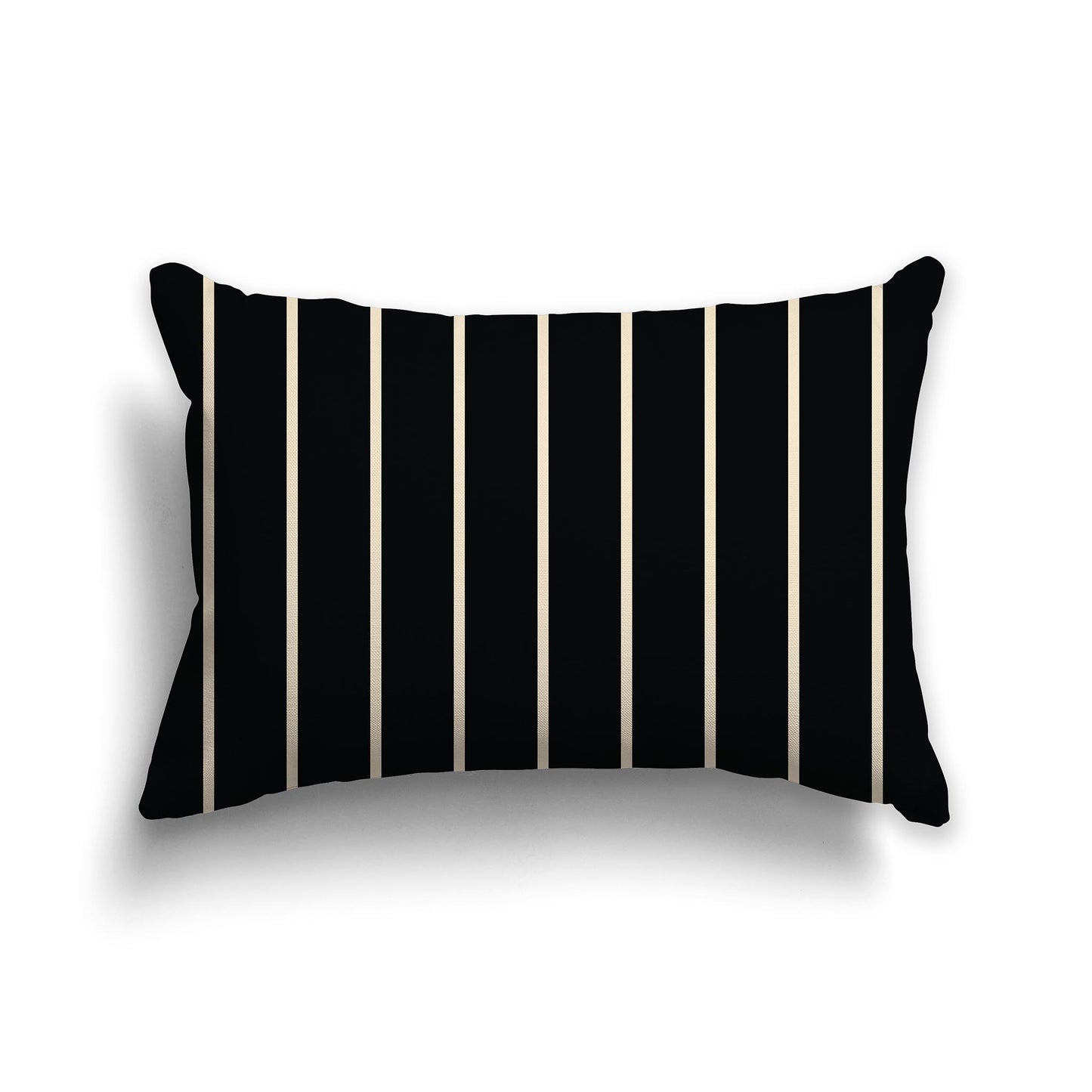 Black Throw Pillow with Thin Beige Stripes on Front and Solid Black Back, lumbar