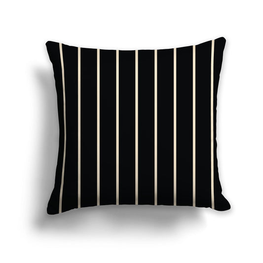 Black Throw Pillow with Thin Beige Stripes on Front and Solid Black Back, square