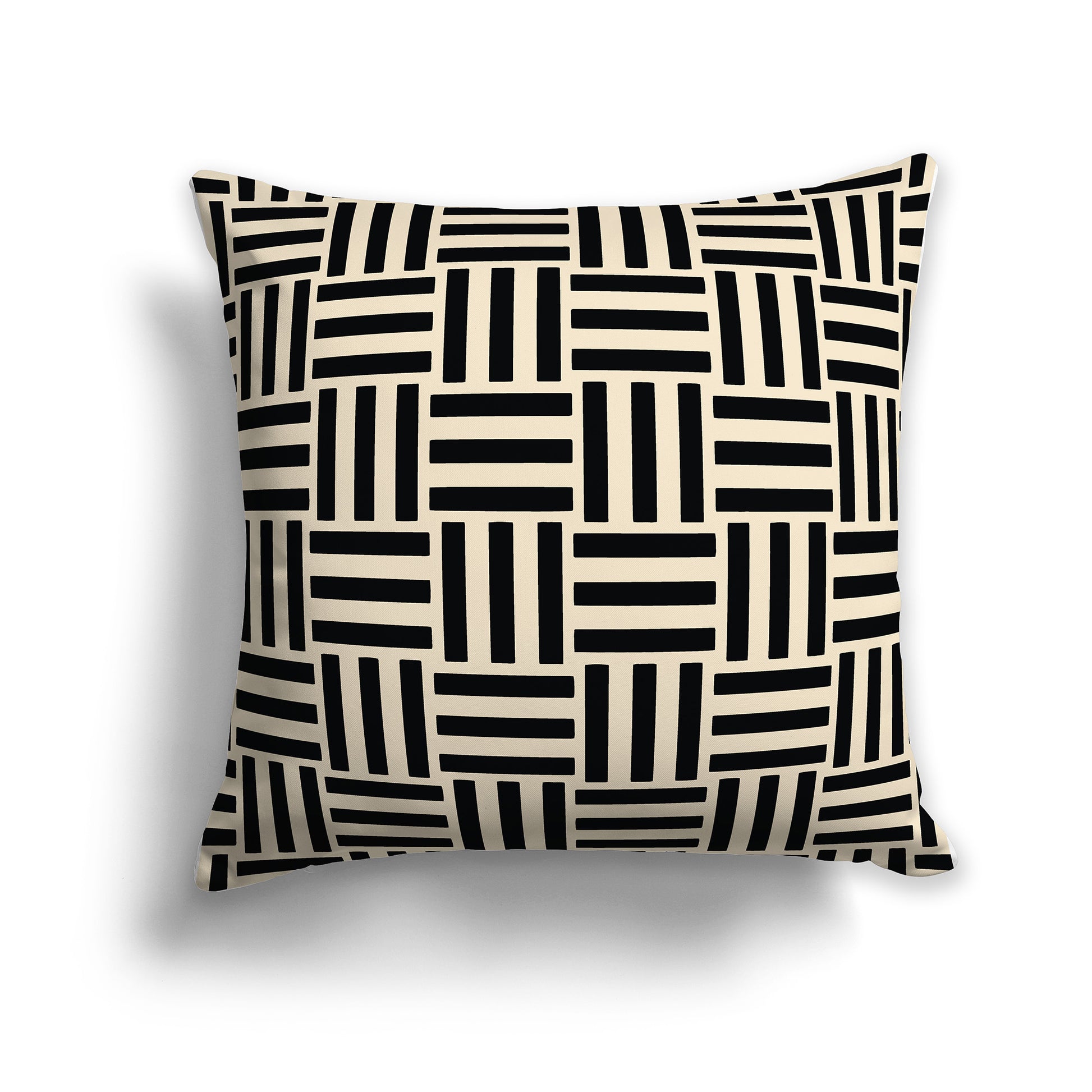 Beige Throw Pillow with Black Basket Weave Pattern on Both Sides, square