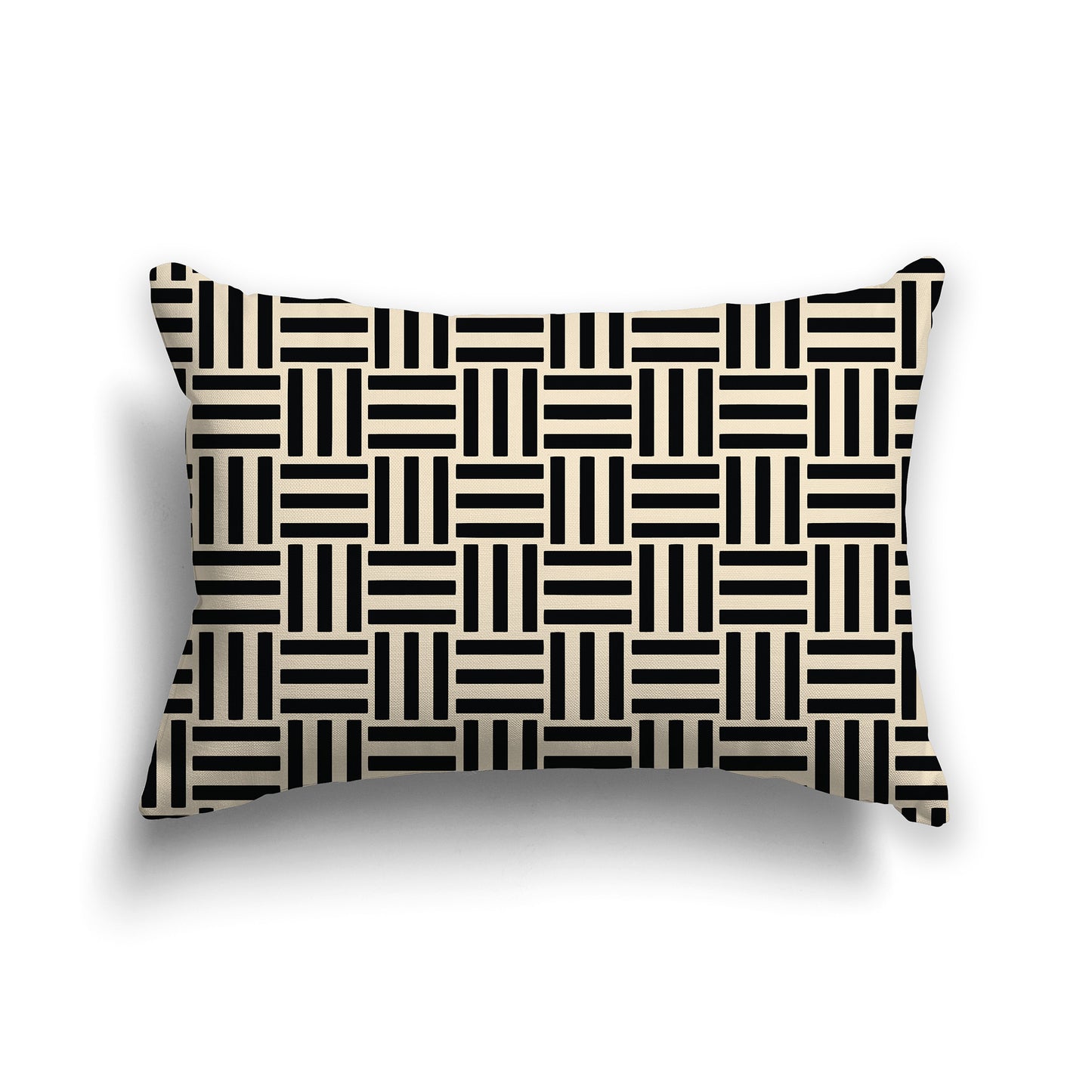 Beige Throw Pillow with Black Basket Weave Pattern on Both Sides, lumbar